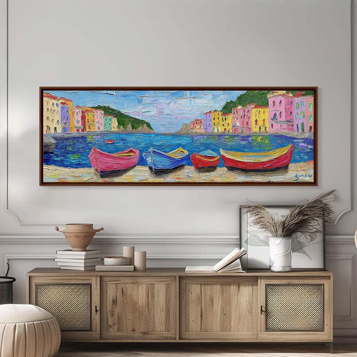 Italian Fishing Village Colorful Rowboats Impasto Harbor Poster - Image 3