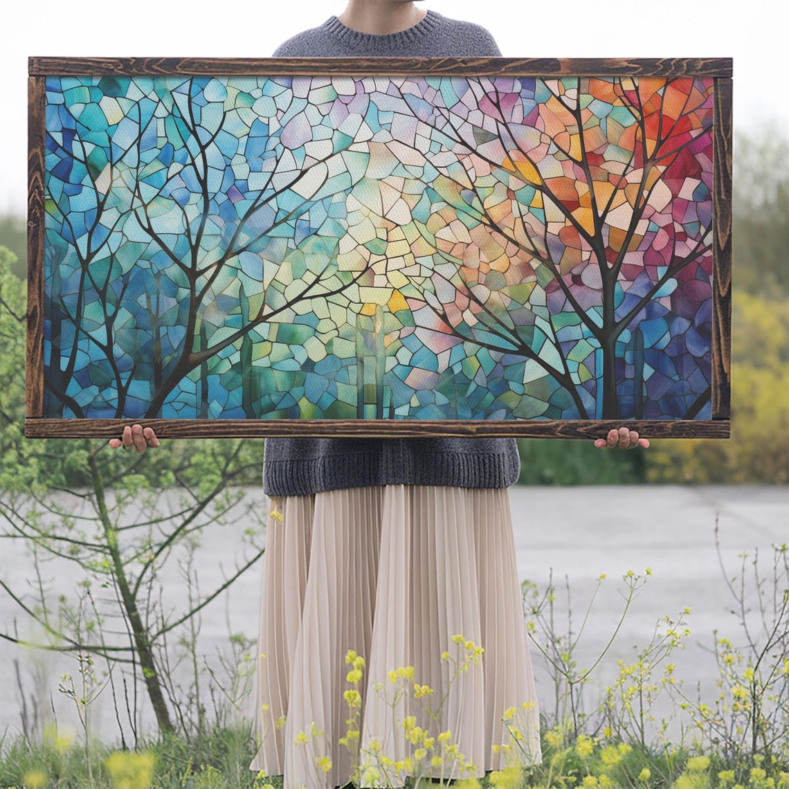 Stained Glass Tree Silhouettes Colorful Mosaic Sky Nature Poster - Image 2