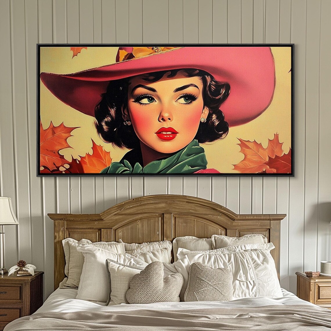 Retro Woman In A Pink Cowboy Hat Among Autumn Leaves Art Print - Image 6