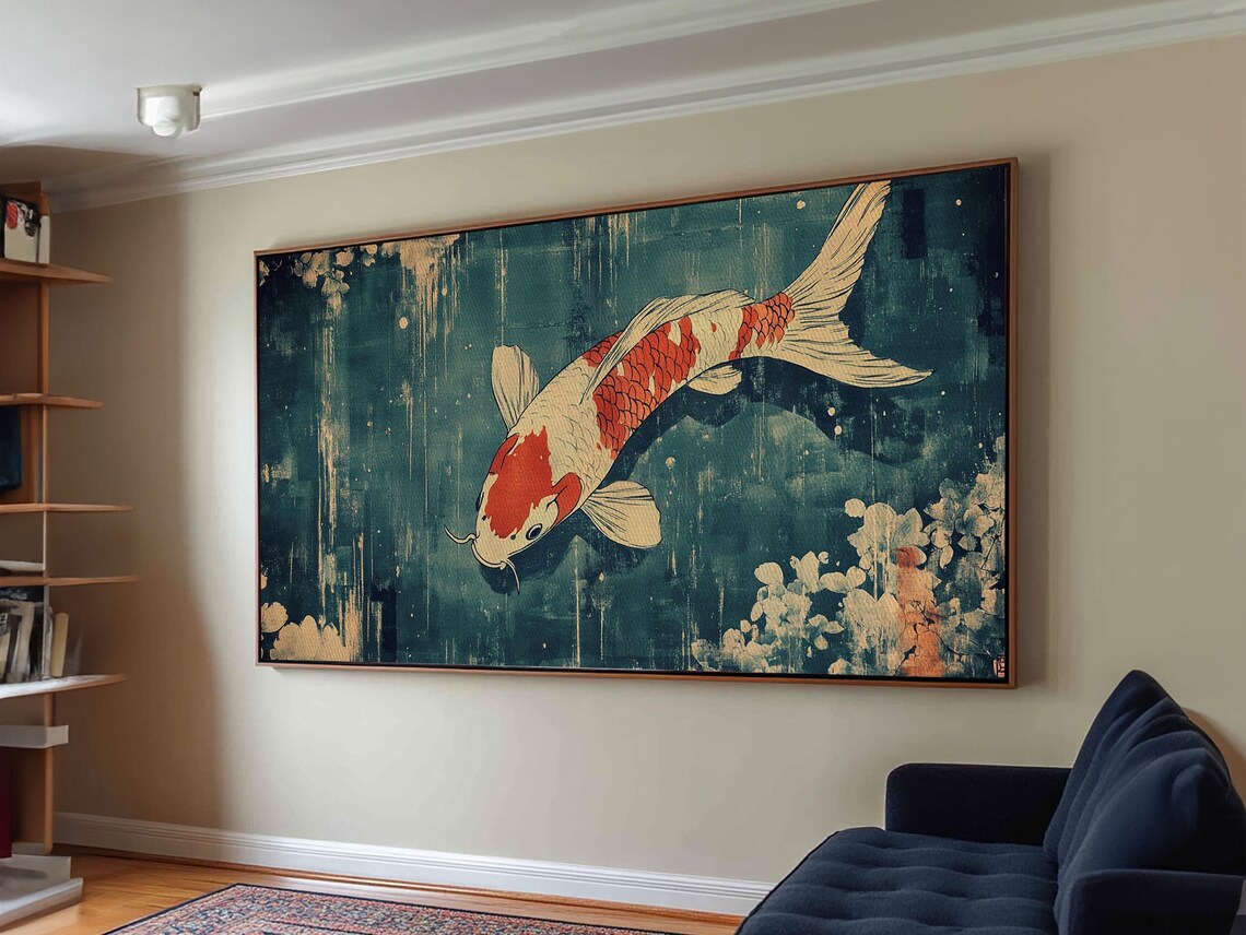 Single Red And White Koi Swimming Dark Teal Japanese Painting Wall Art - Image 5