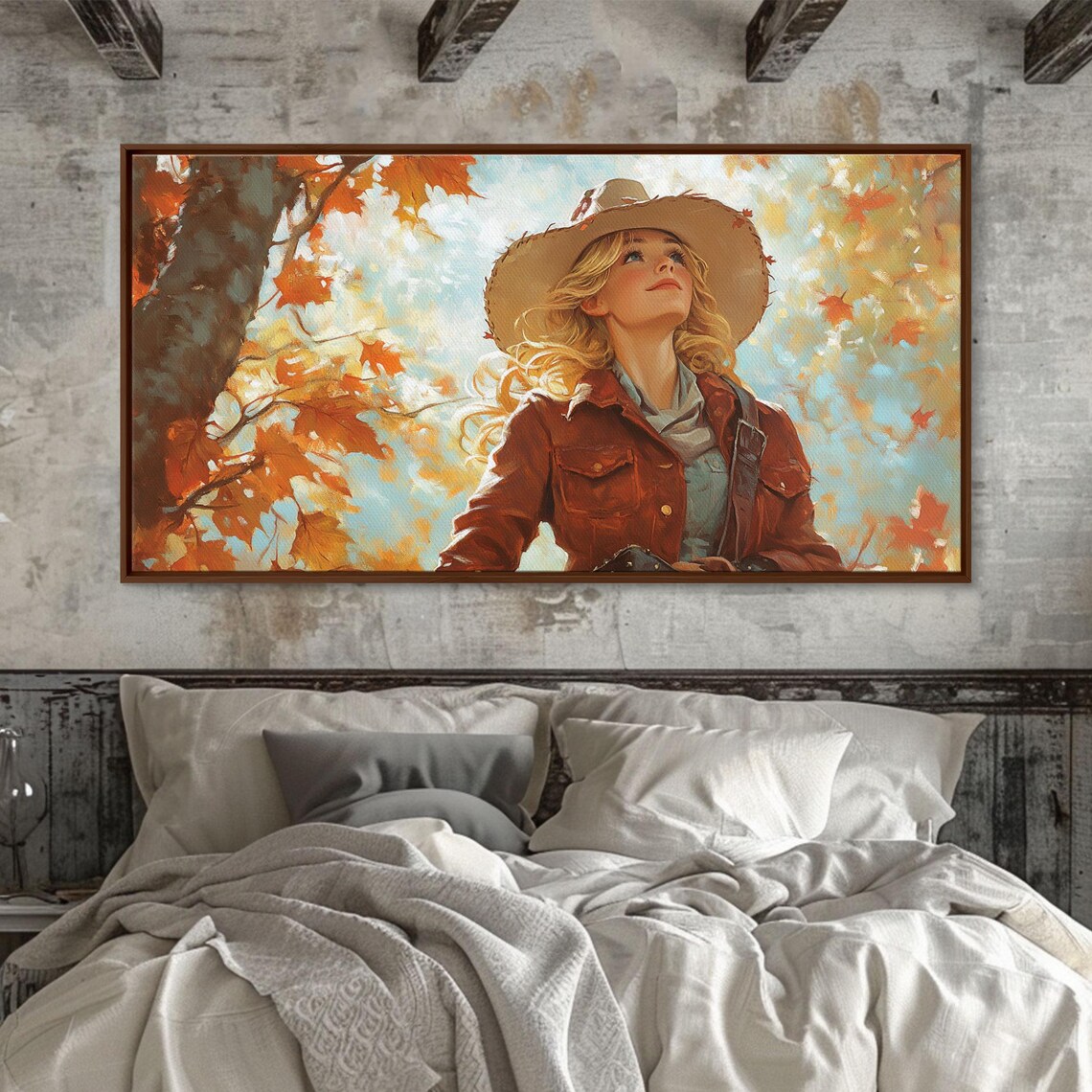 Young Cowgirl In A Straw Hat Among Falling Autumn Leaves Art Print - Image 5