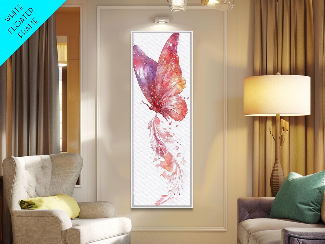 Pink Butterfly Watercolor Feathery Trail Whimsical Flight Wall Art - Image 3