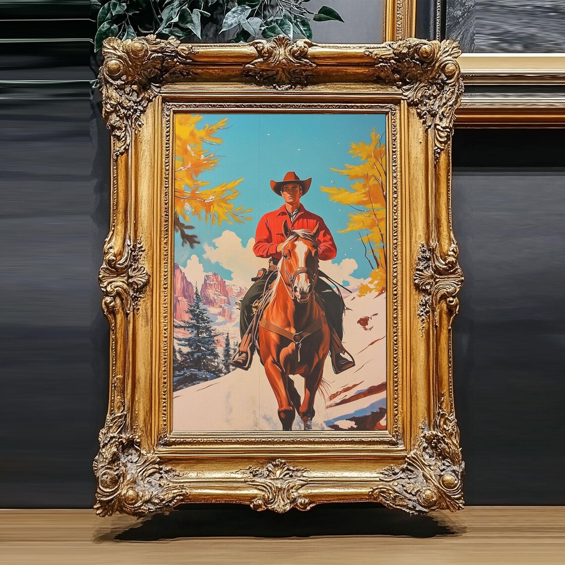Cowboy Riding Horse Snowy Mountain Red Shirt Western Art Poster
