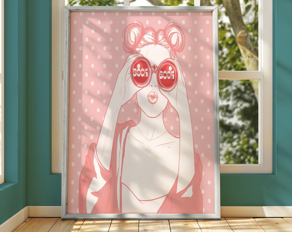 Book Lover Pink Red Reading Woman Binoculars Polka Dot Wall Art - Image 3