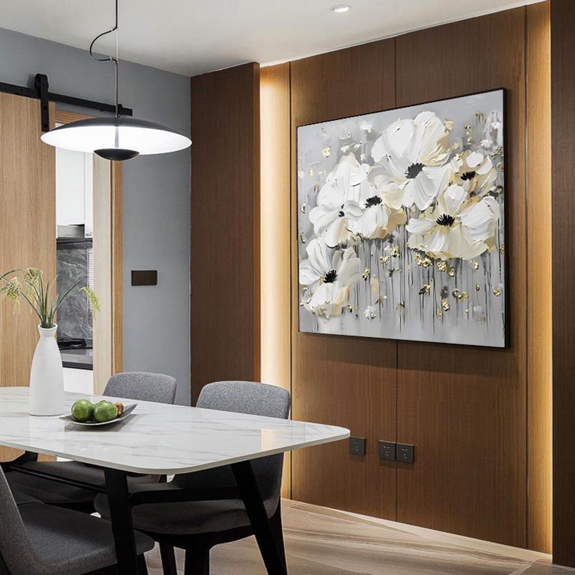 White Anemone Flowers With Gold Leaf Accents on Gray Wall Art - Image 3