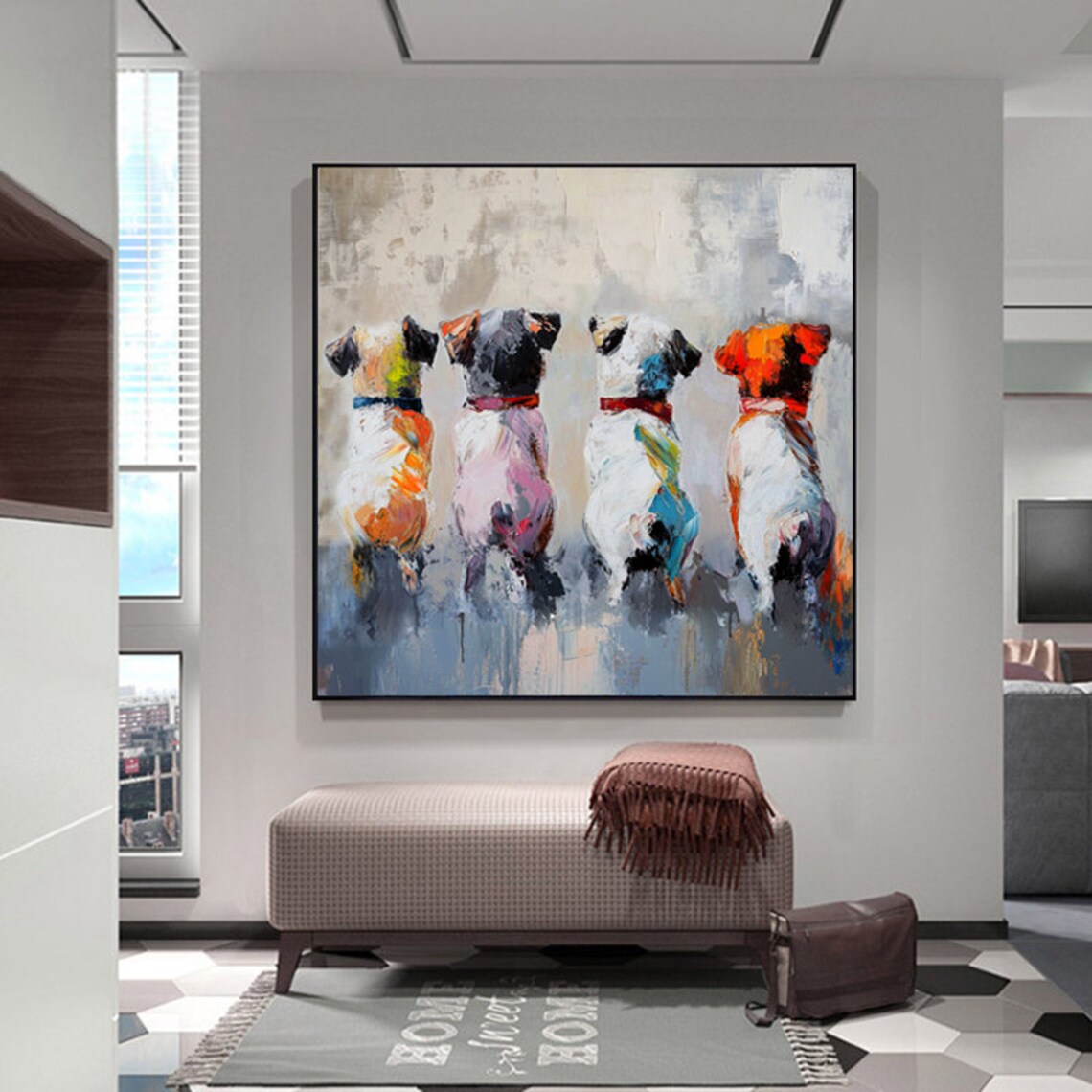 Four Colorful Dogs Sitting Together Playful Pet Portrait Poster - Image 4