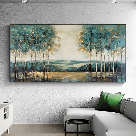 Hand Painted Abstract Oil Painting Green Forest Landscape With Golden Accents Original Wall Art For Living Room Entryway Dining Room