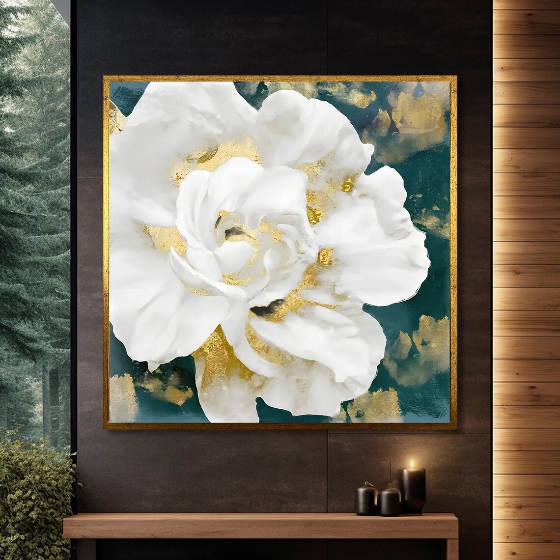 Elegant White Flower With Gold Accents, Modern Floral Art