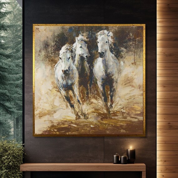 Galloping White Horses, Abstract Modern Animal Decor