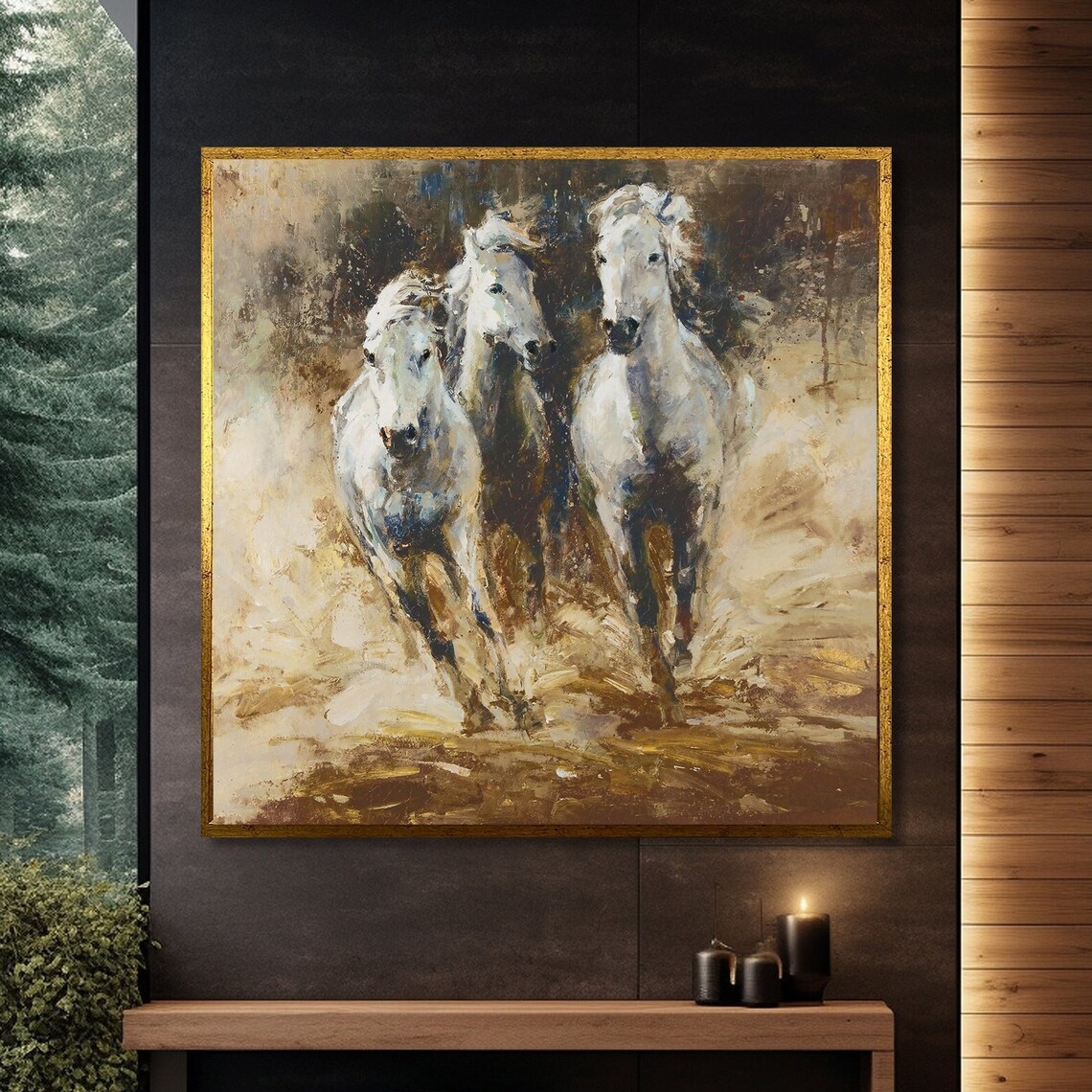 Galloping White Horses, Abstract Modern Animal Decor