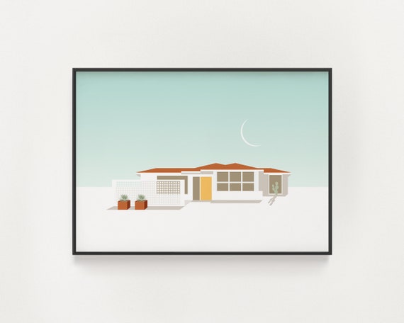 Palm Springs California Minimalist Home Decor Southwestern Architecture Poster Desert House With Yellow Door