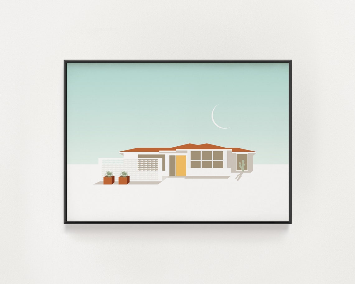 Palm Springs California Minimalist Home Decor Southwestern Architecture Poster Desert House With Yellow Door