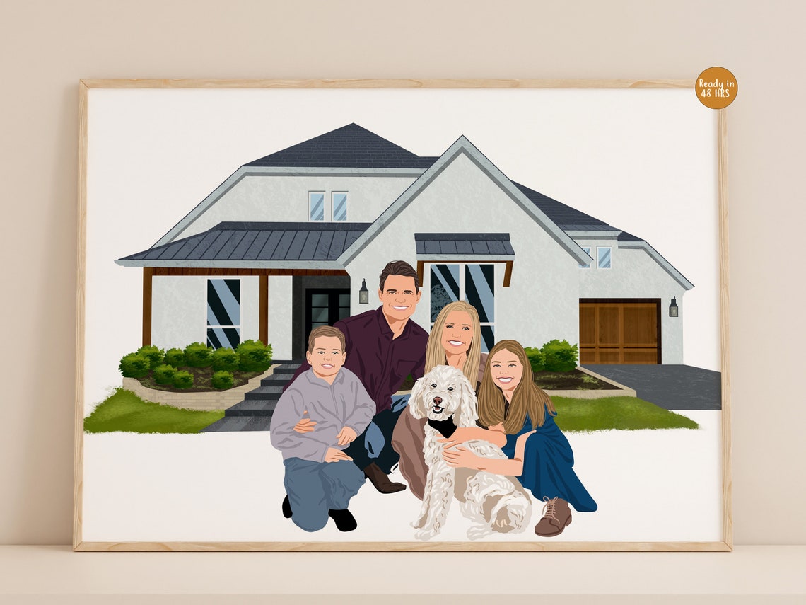 Custom Family Portrait With Dog and Home Illustration Poster