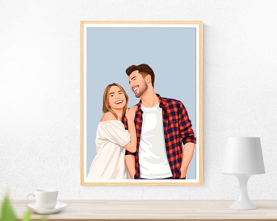 Custom Smiling Couple Portrait in Framed Illustration Wall Art