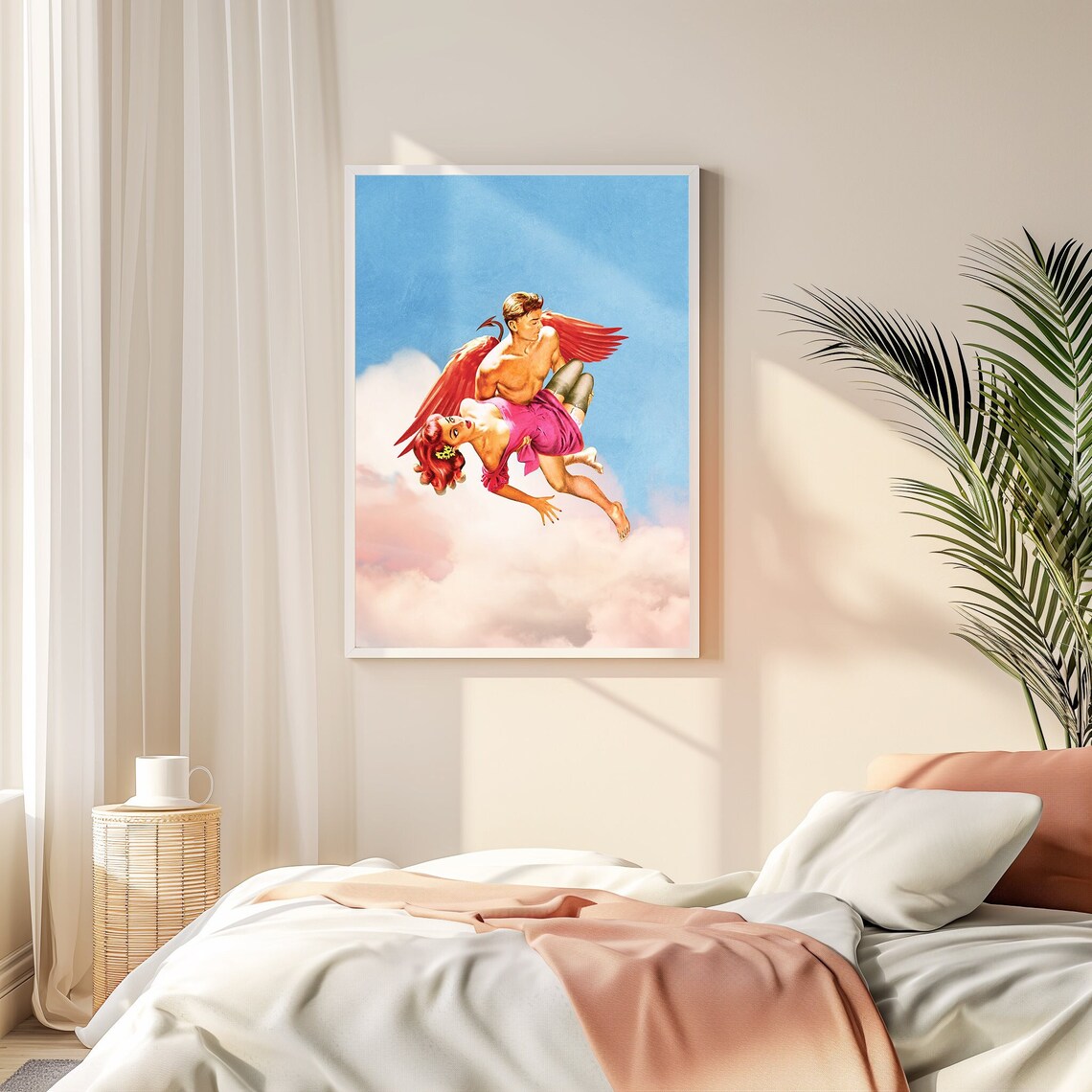 Wings Of Desire Retro Angel Carrying Woman Clouds Fantasy Art Poster
