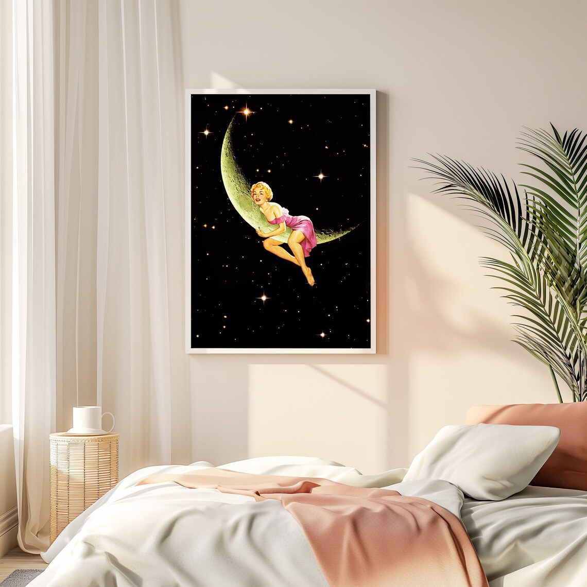 Moonlit Pinup Girl Crescent Moon Starry Night Retro Fantasy Poster