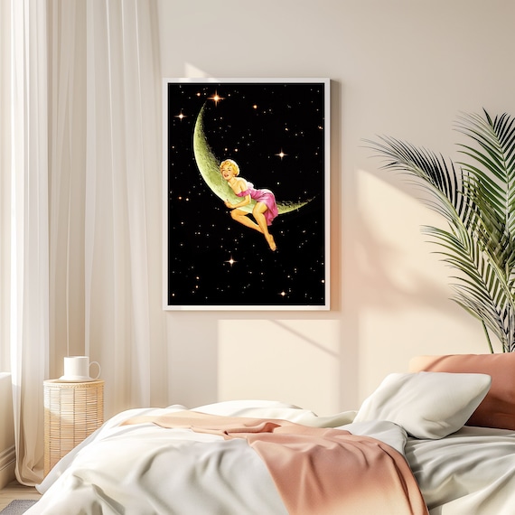 Moonlit Pinup Girl Crescent Moon Starry Night Retro Fantasy Poster