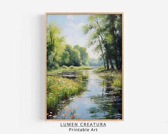 River Landscape Painting, Vintage Landscape Art Print