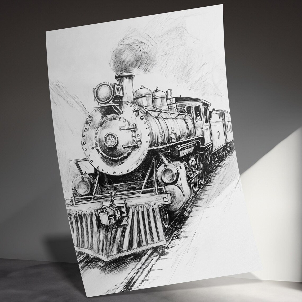 Old Trains Sketch, Vintage Western Horse Art - Image 4