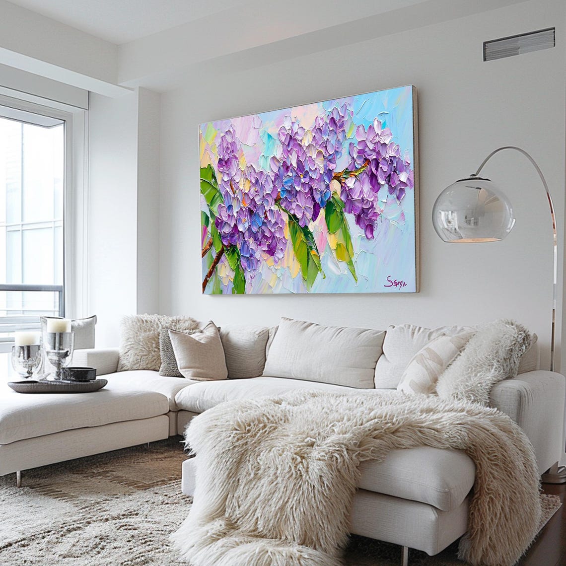 Purple Lilac Branch Blossom Signed Impasto Floral Art Poster - Image 2
