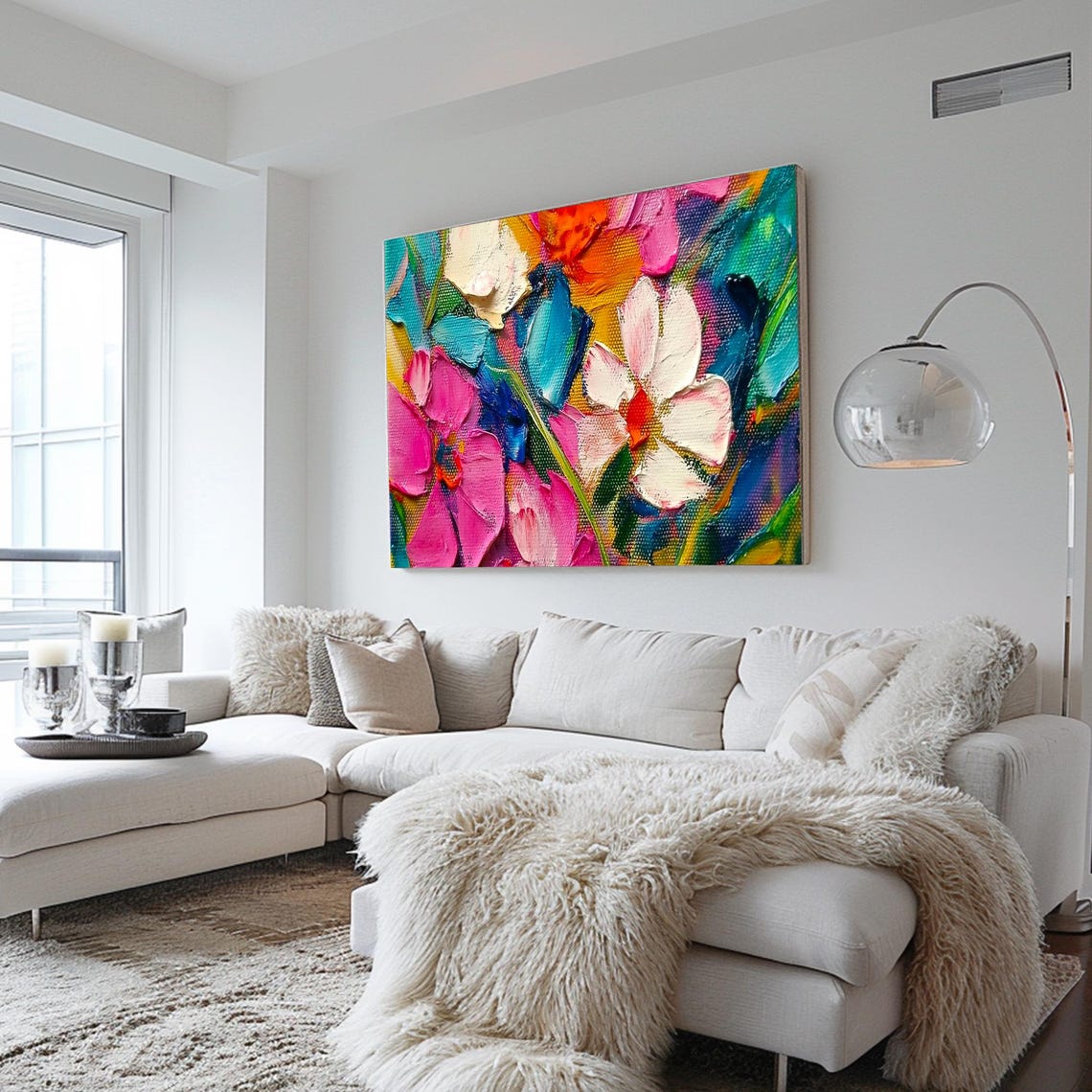 Bold Pink Turquoise Abstract Floral Close Up Palette Knife Poster - Image 2