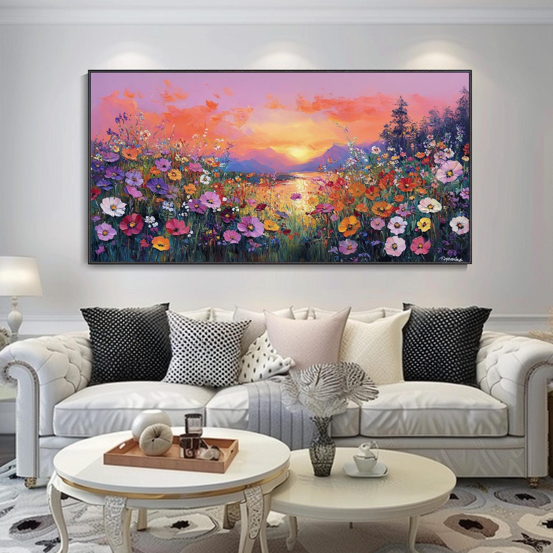 Wildflower Meadow Sunset Mountain Lake Landscape Modern Poster - Image 2
