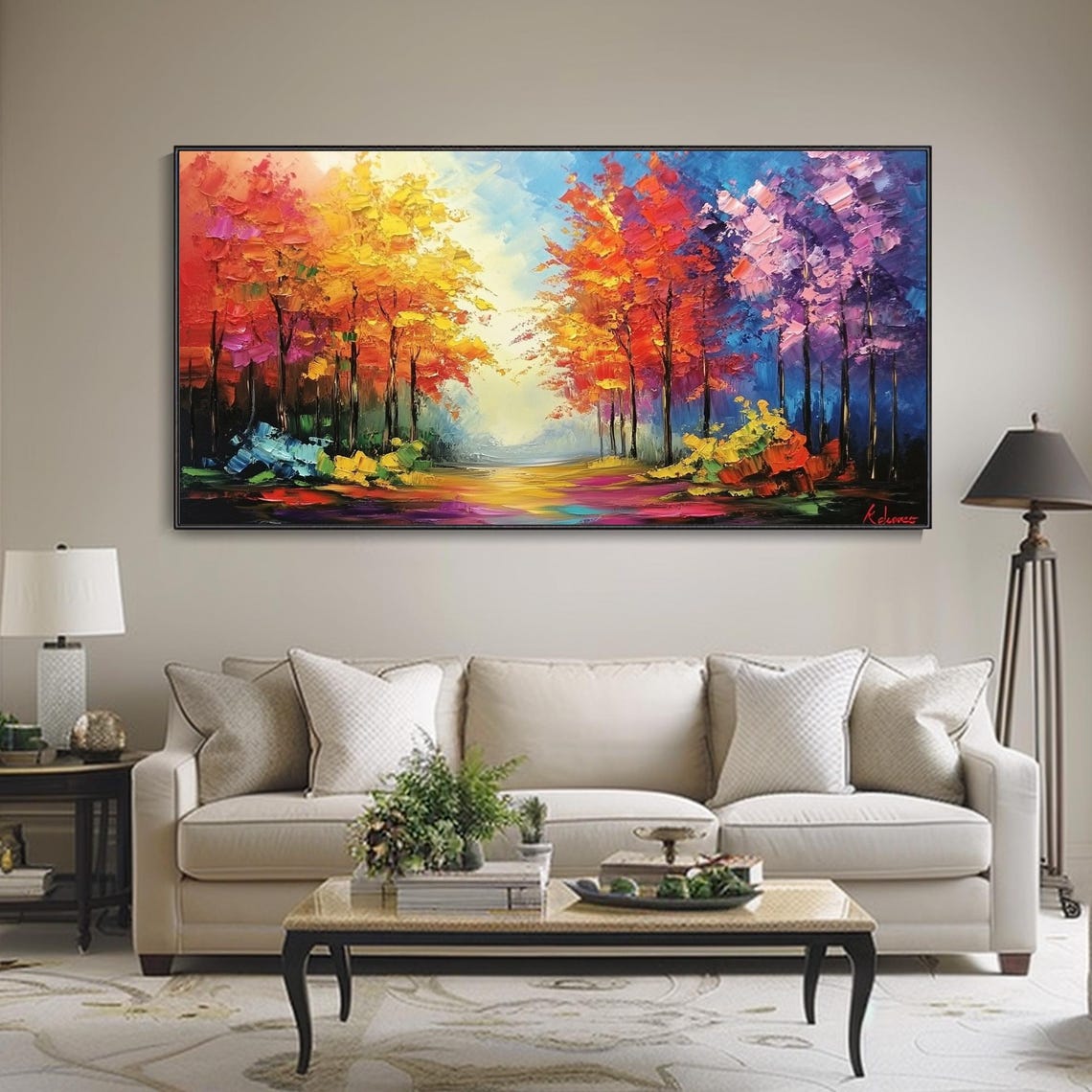 Fiery Autumn Forest Path Red Orange Canopy Impasto Art Poster - Image 3