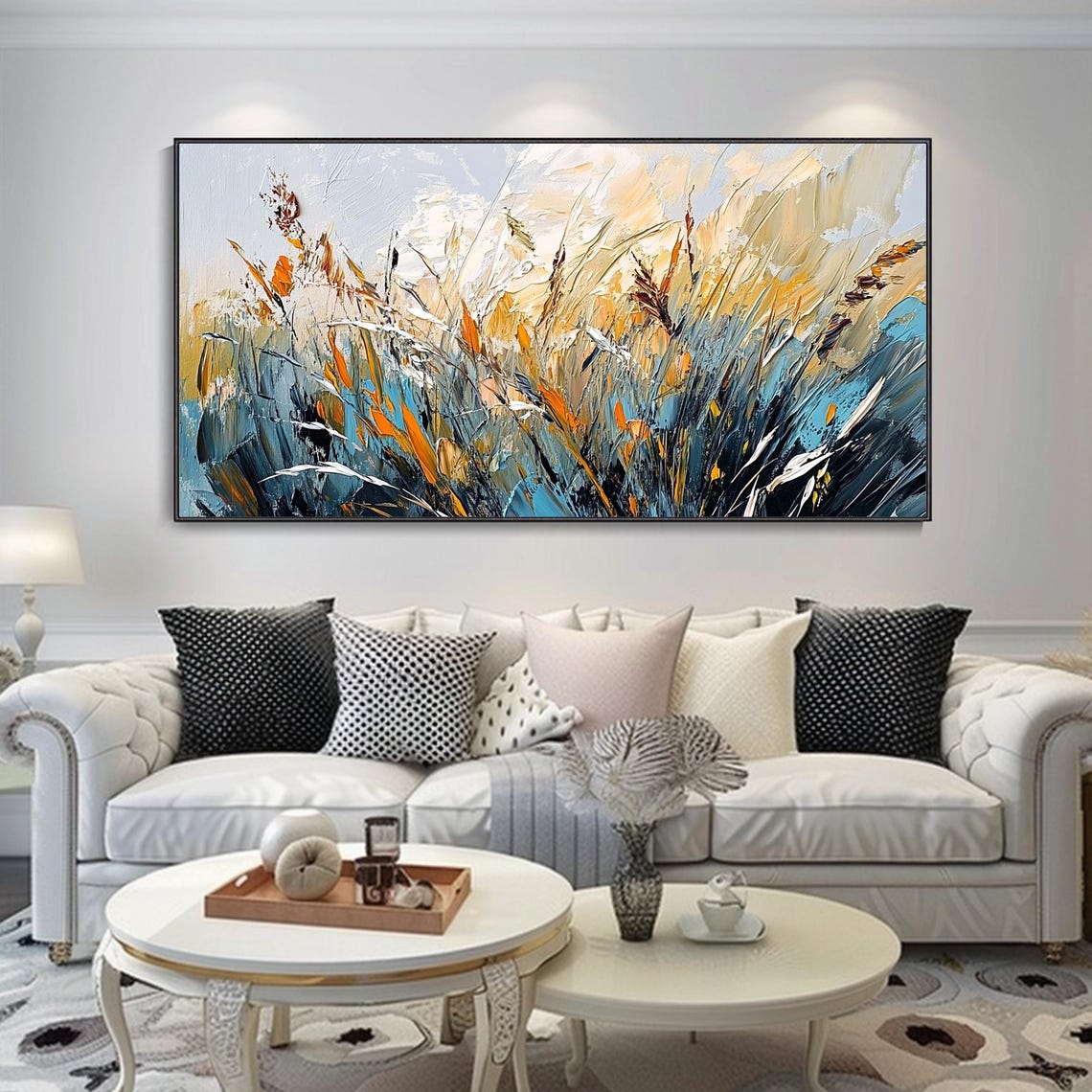 Teal Gold Windswept Grass Meadow Impasto Dynamic Modern Poster - Image 2