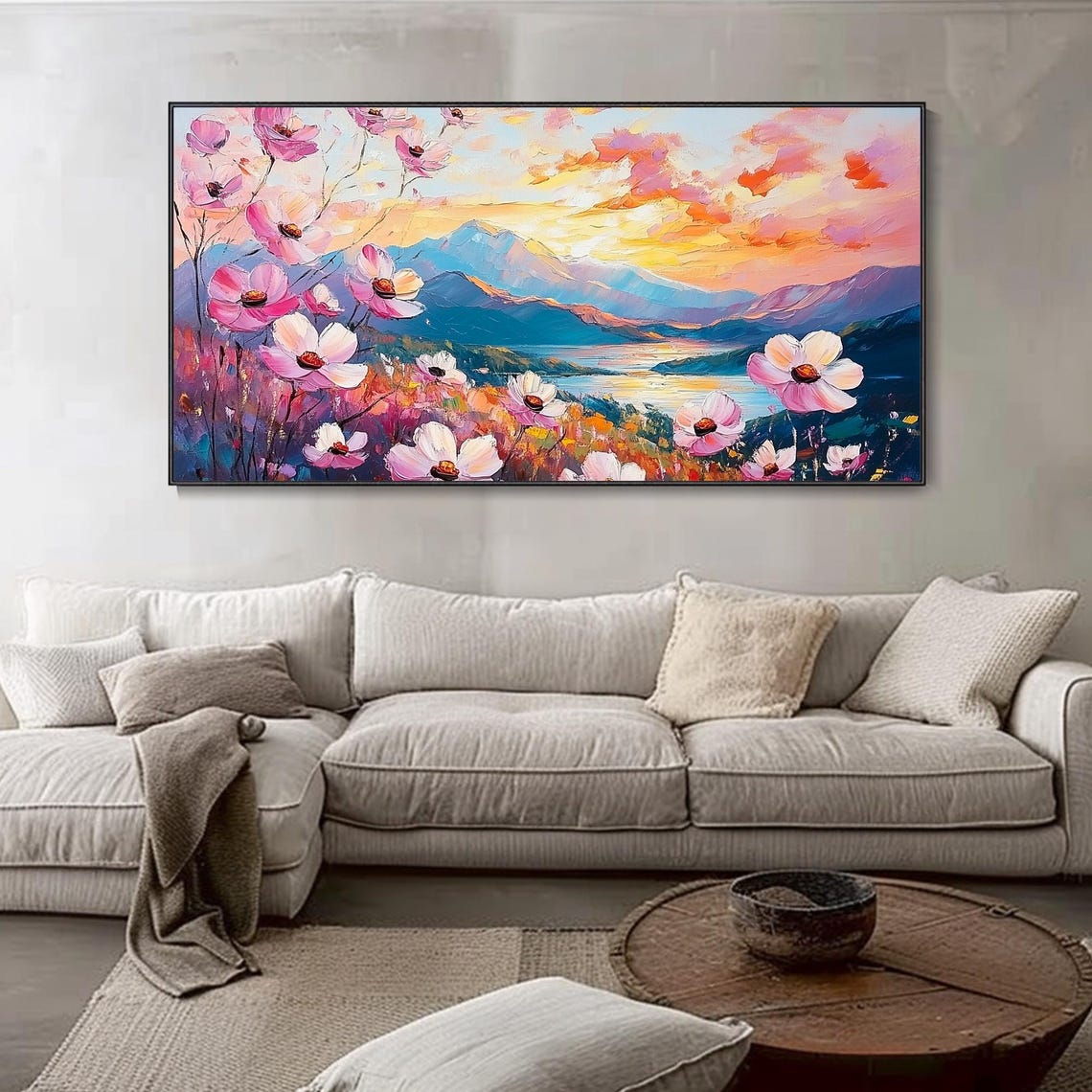 Vibrant Pink Cosmos Wildflower Mountain Lake Sunset Art Poster - Image 4