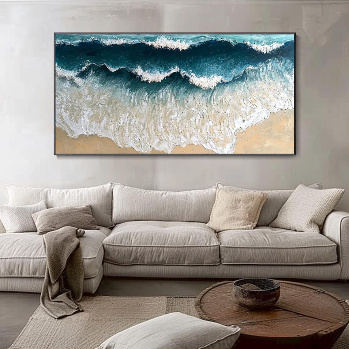 Aerial Ocean Waves Crashing Sand Beach Turquoise Impasto Art Poster - Image 4