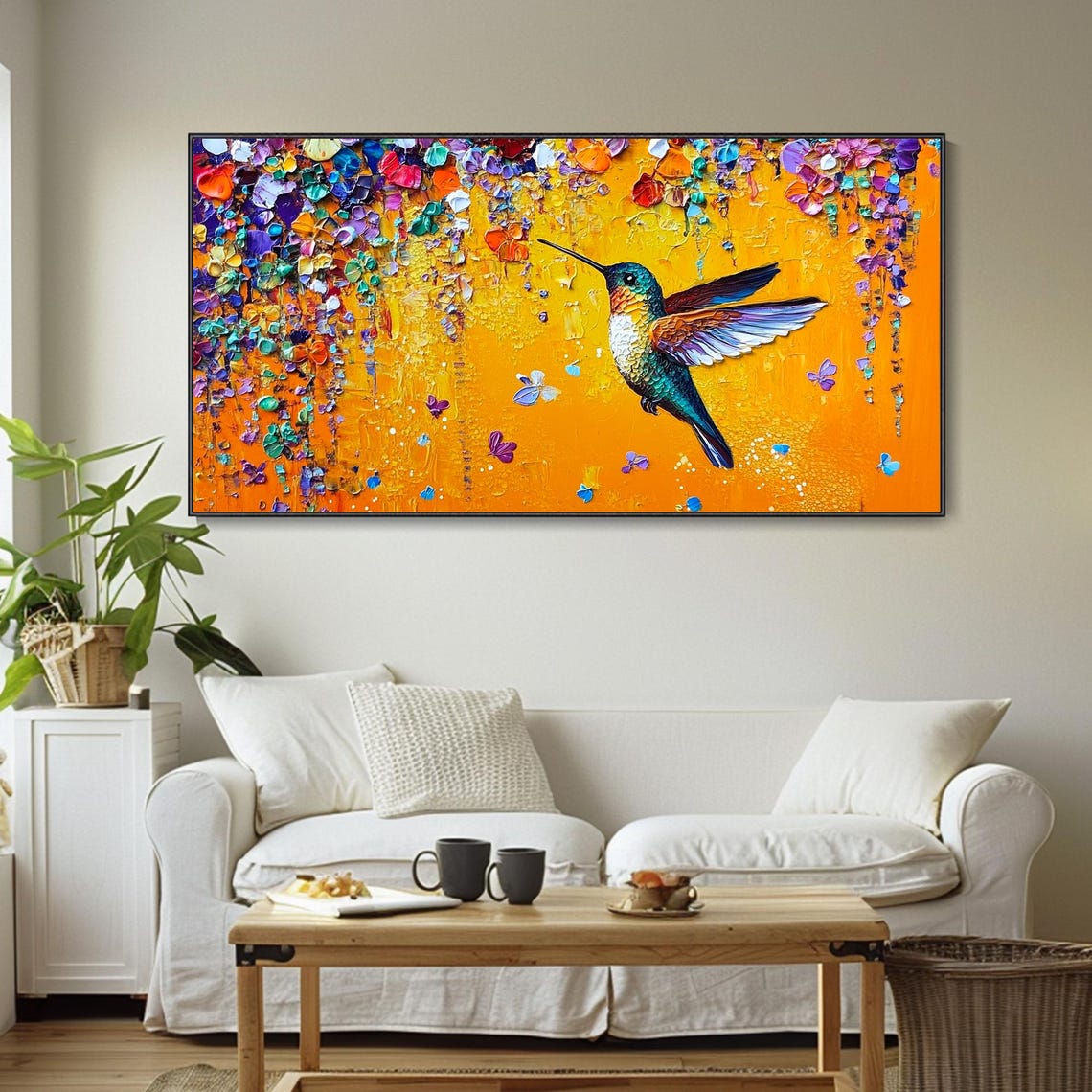 Colorful Hummingbird Flying Orange Blossom Petals Impasto Art Poster - Image 5