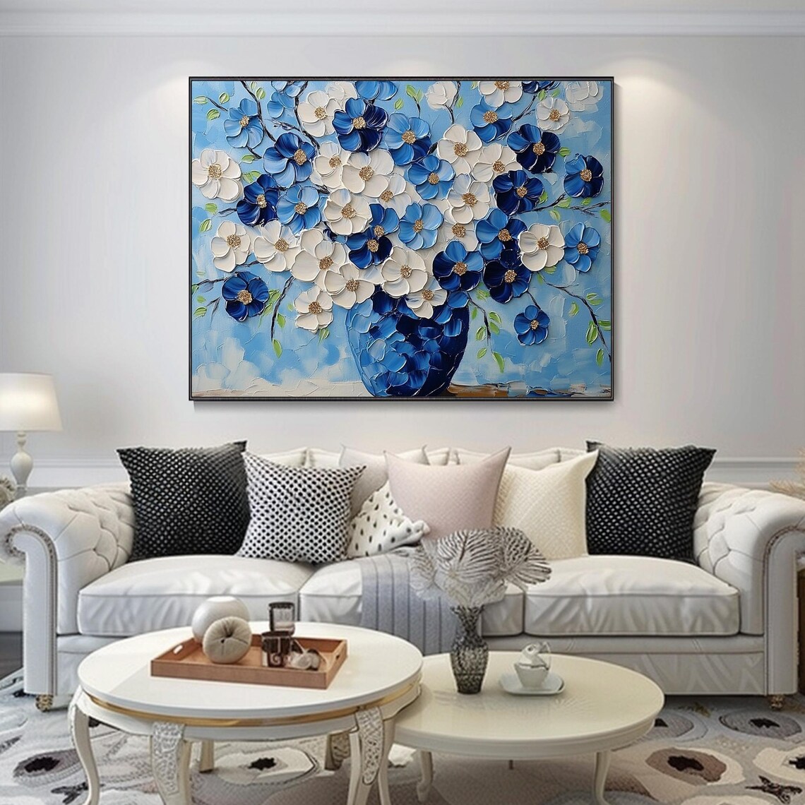 Cobalt Blue and White Blossom Vase Textured Floral Painting Poster - Image 3