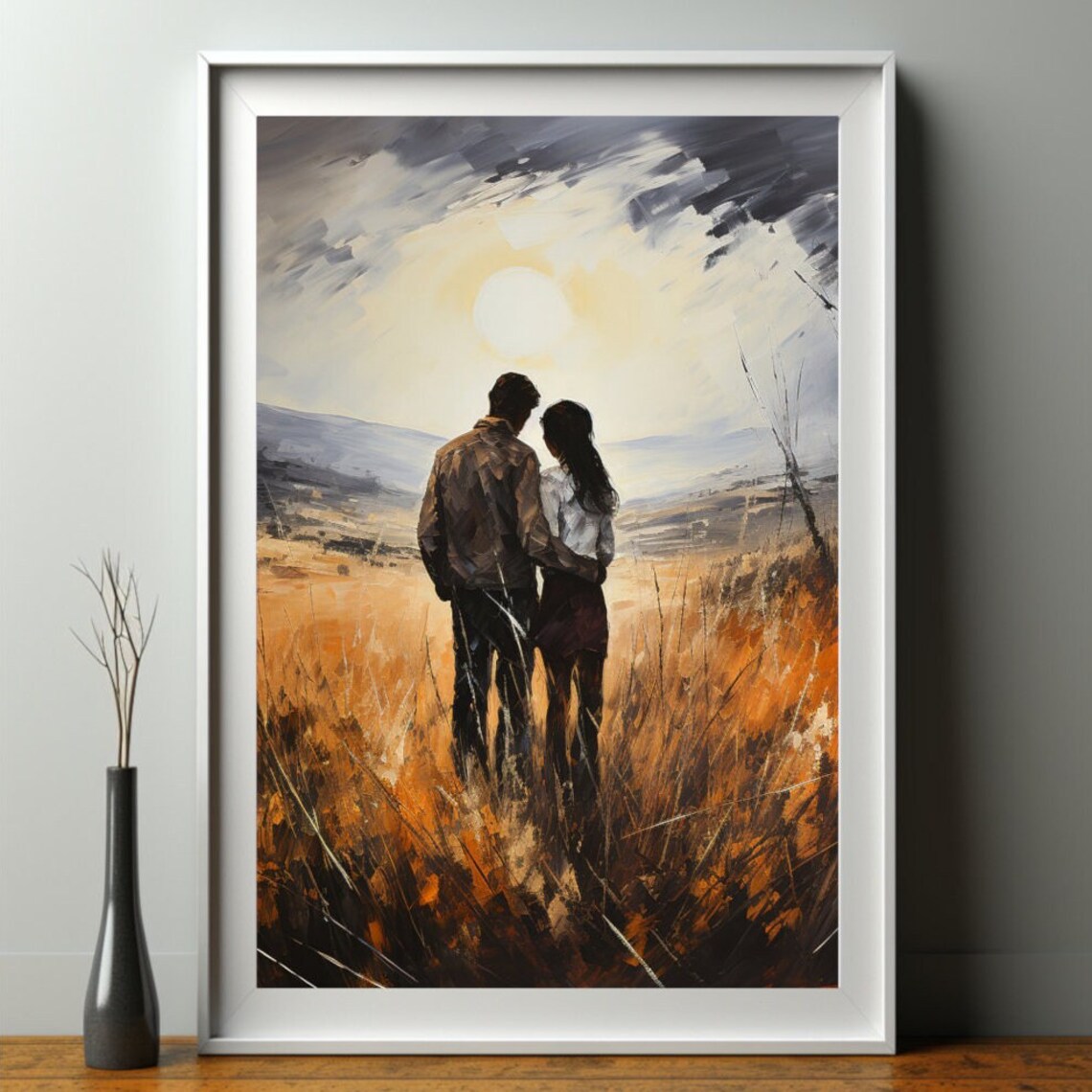 Romantic Couple Embracing in Golden Field at Sunset Art Poster - Image 4