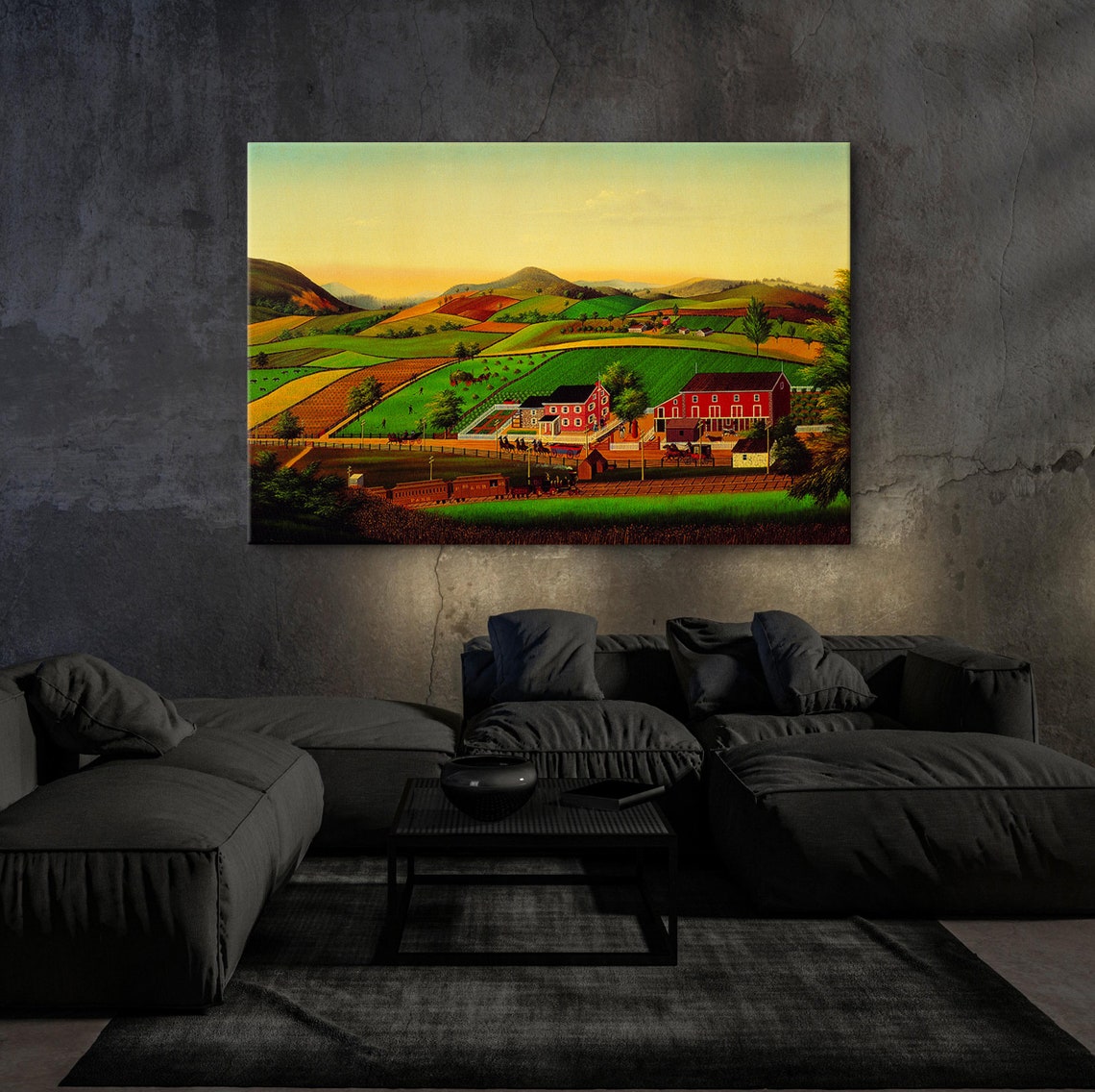 American Folk Art Farm Valley Red Barns Train Naive Landscape Poster - Image 4