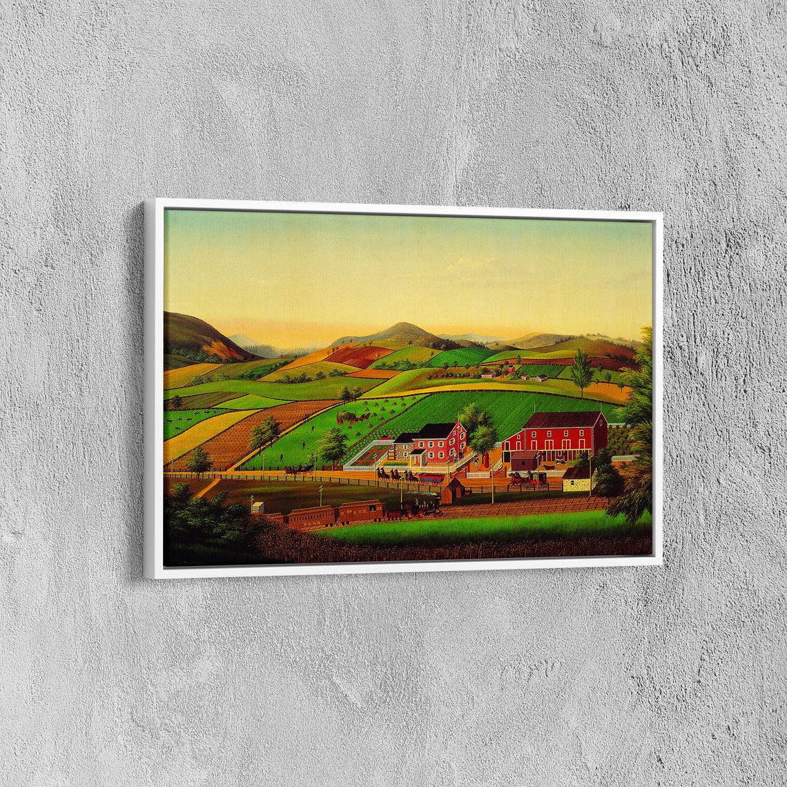 American Folk Art Farm Valley Red Barns Train Naive Landscape Poster - Image 6