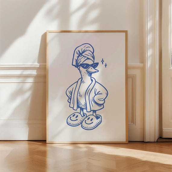 Funny Duck Bathroom Poster Cool In Slippers Art Retro Animal Print Quirky Wall For Funky Gift