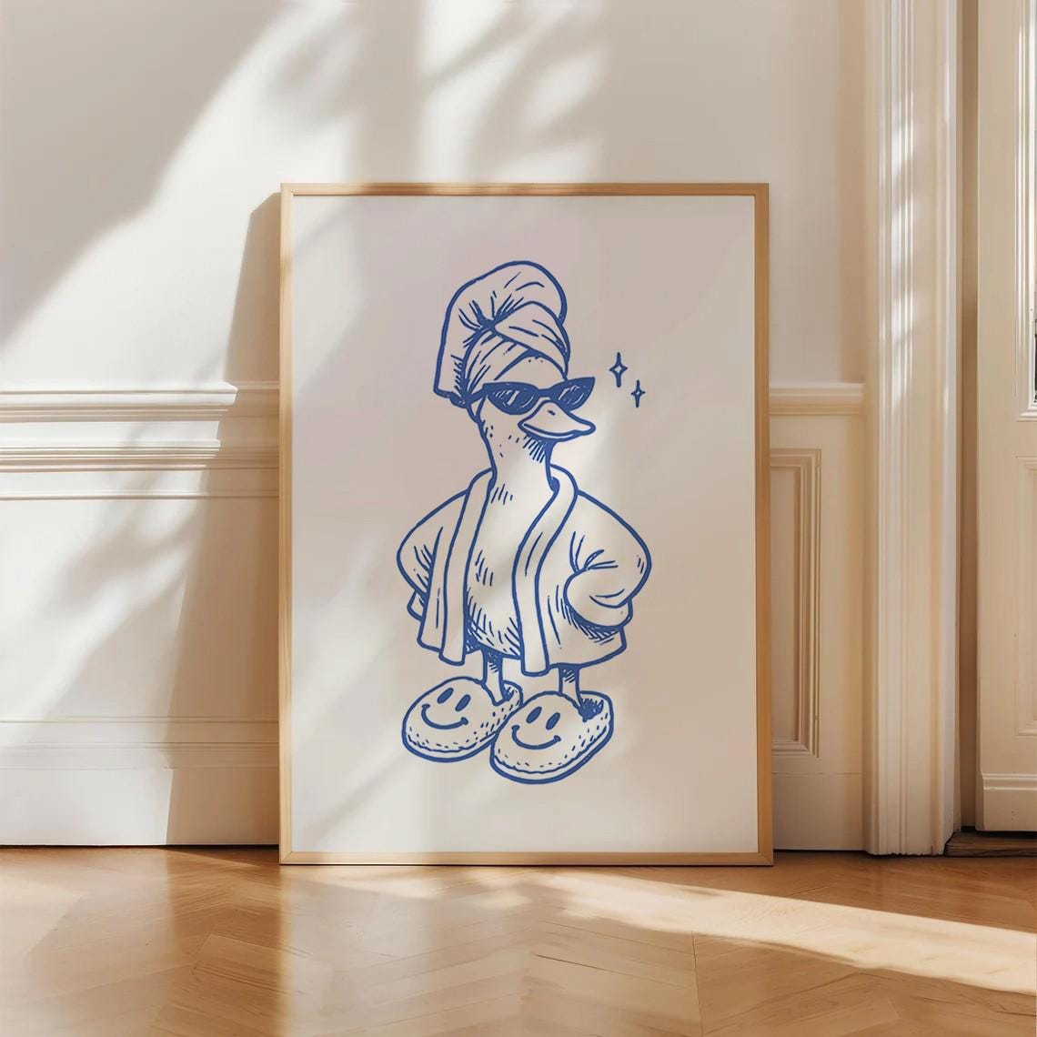 Funny Duck in Bathrobe Sunglasses and Smiley Slippers Sketch Poster