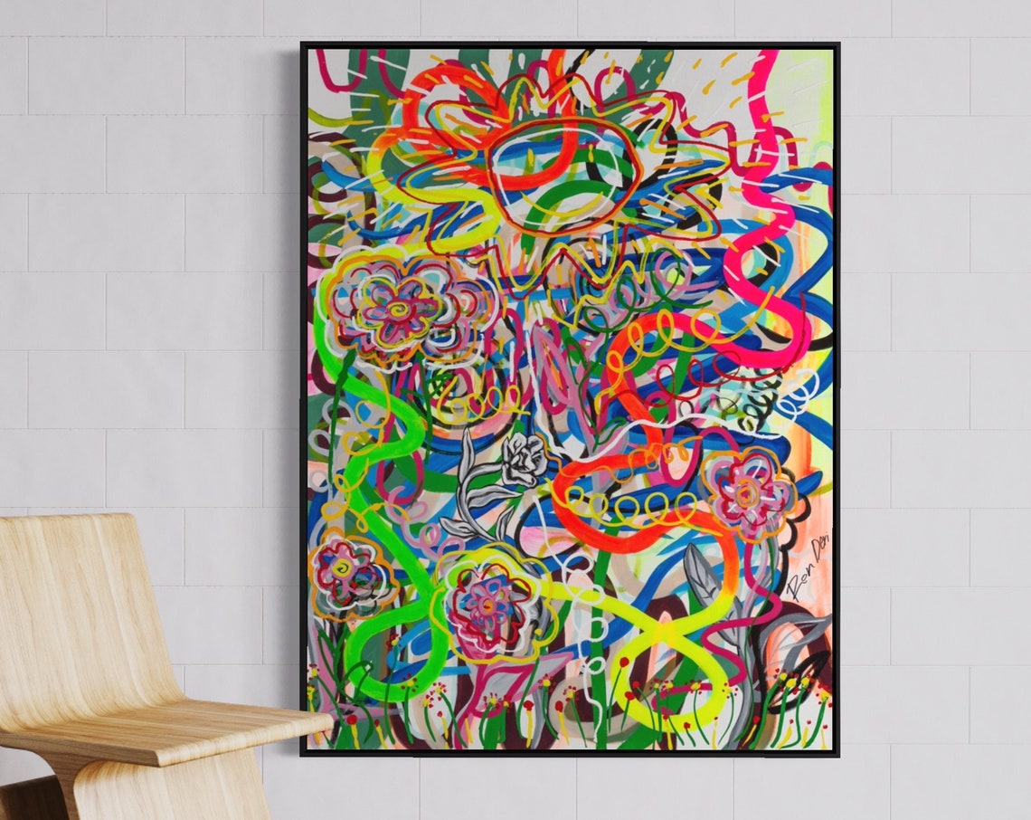 Embrace The Sun Neon Scribble Flower Garden Colorful Abstract Poster - Image 4