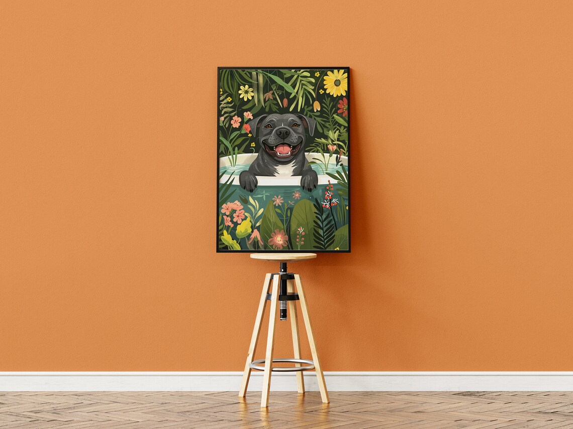 Blue Staffy Jungle Bathtub Tropical Art Print - Image 3