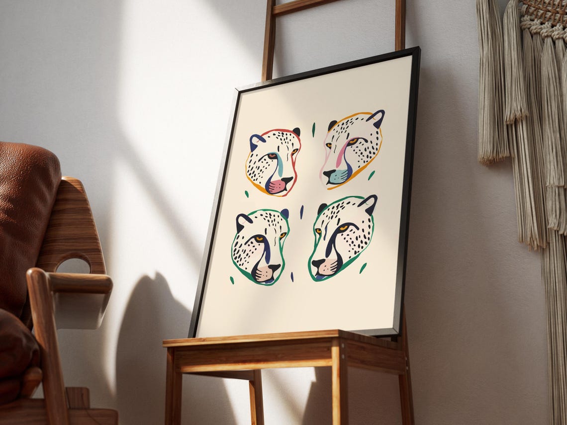 Four Cheetah Heads Bold Outline Grid Abstract Poster Feline Art - Image 2