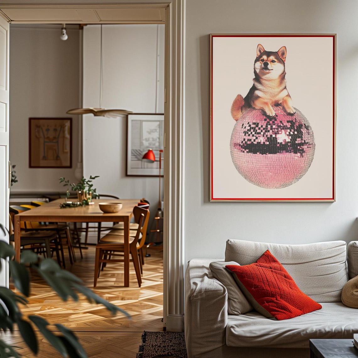 Shiba Inu Dog Relaxing on a Pink Disco Ball 70s Funky Art Poster - Image 3