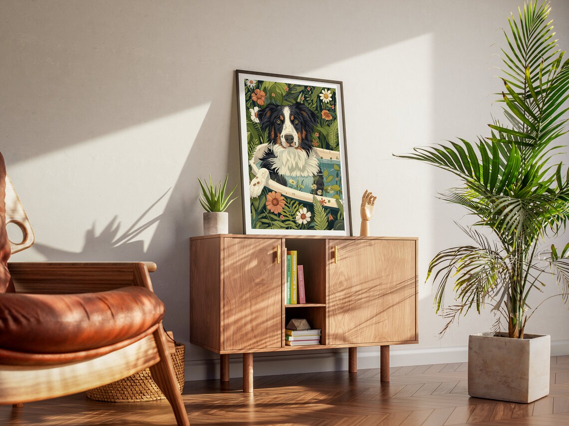 Black Tri Australian Shepherd Maximalist Botanical Art Print - Image 2
