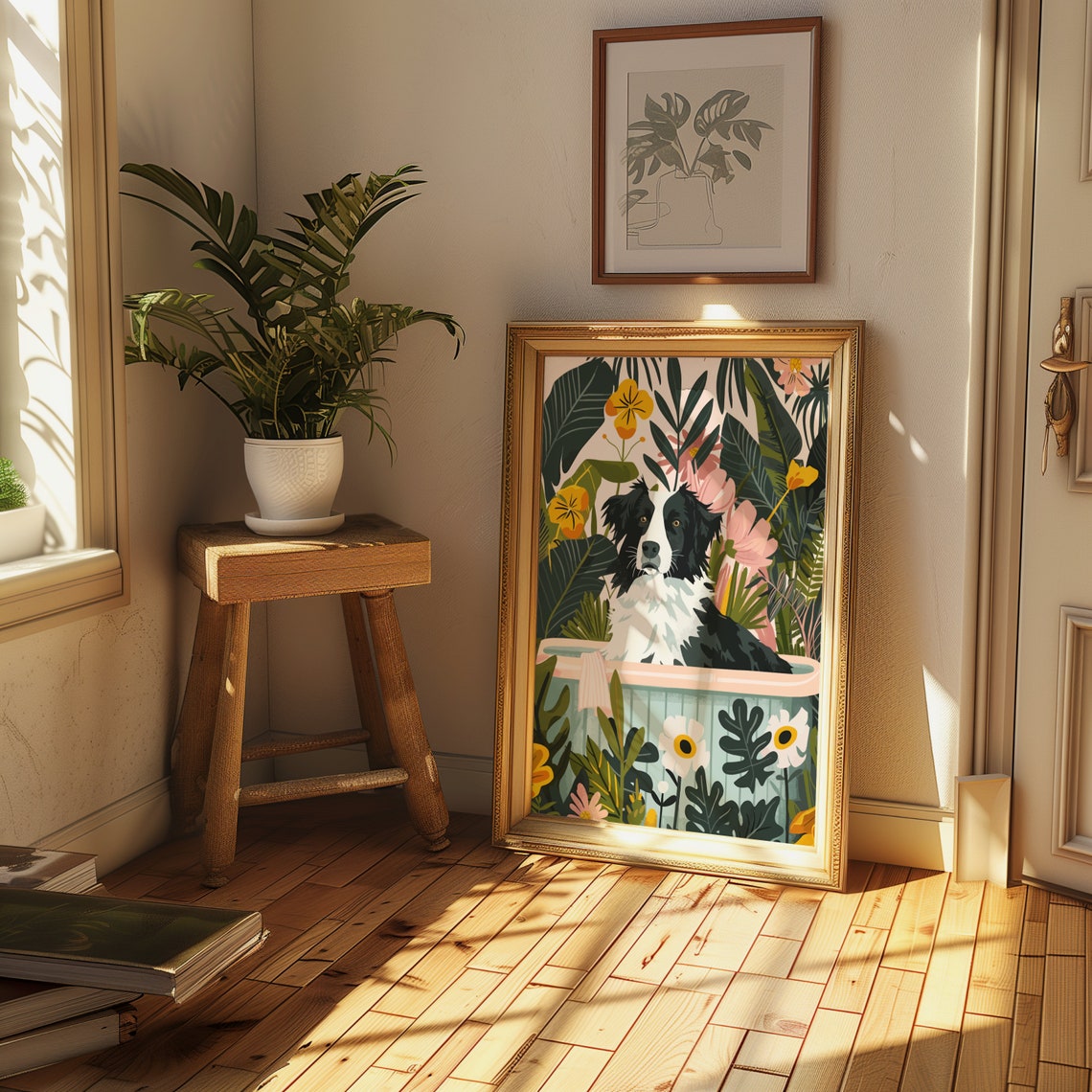 Border Collie in Bathtub Tropical Floral Whimsical Dog Poster - Image 2
