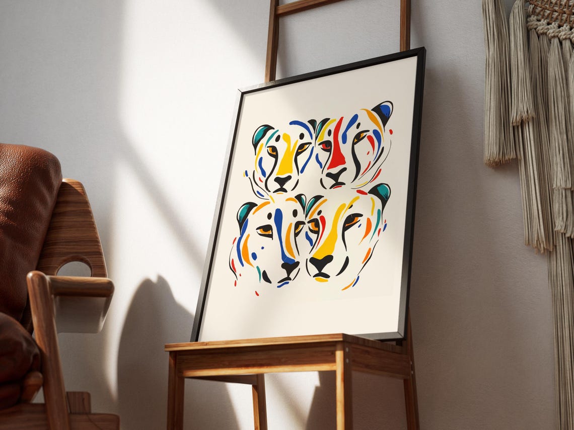 Four Colorful Cheetah Faces Cluster Abstract Line Art Poster Decor - Image 2