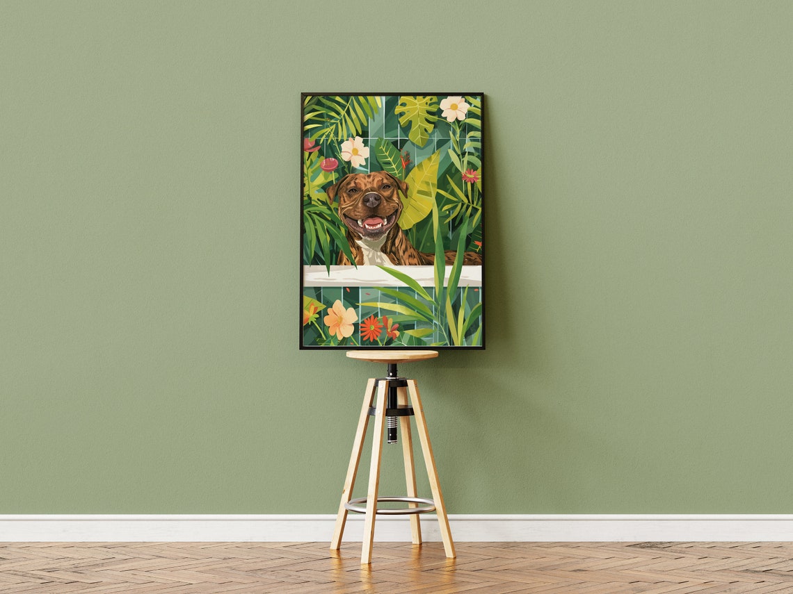 Smiling Brindle Staffy Jungle Bathtub Botanical Poster Wall Decor - Image 3