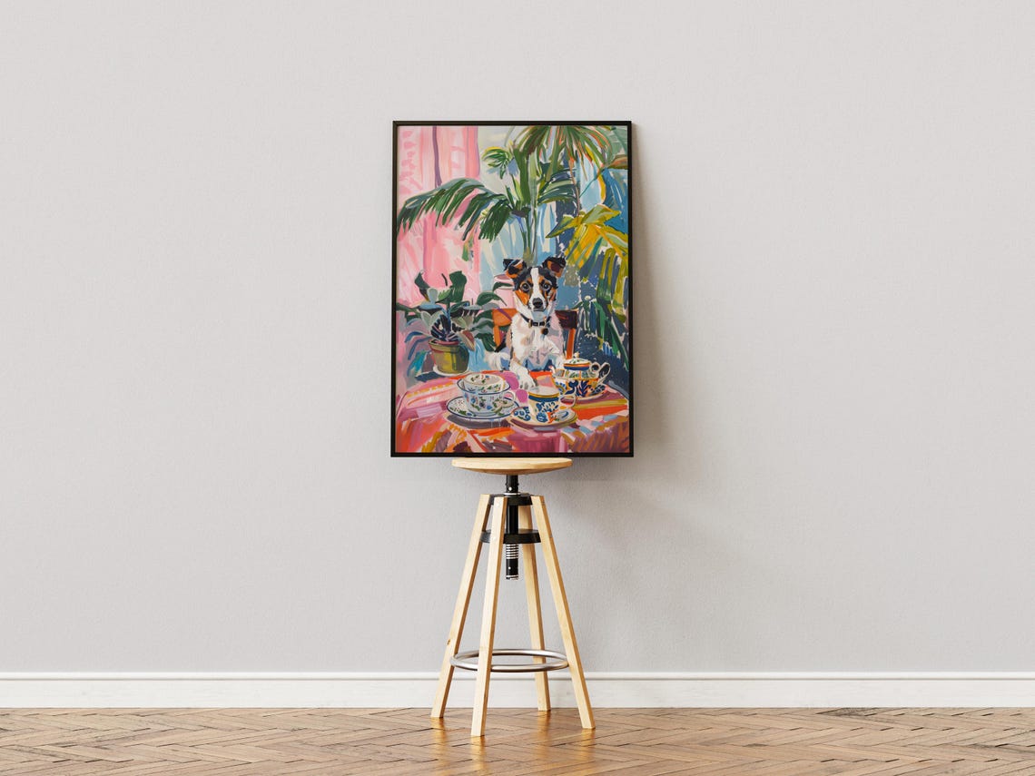 Jack Russell Terrier Tea Party Colorful Painting with Teacups Poster - Image 3