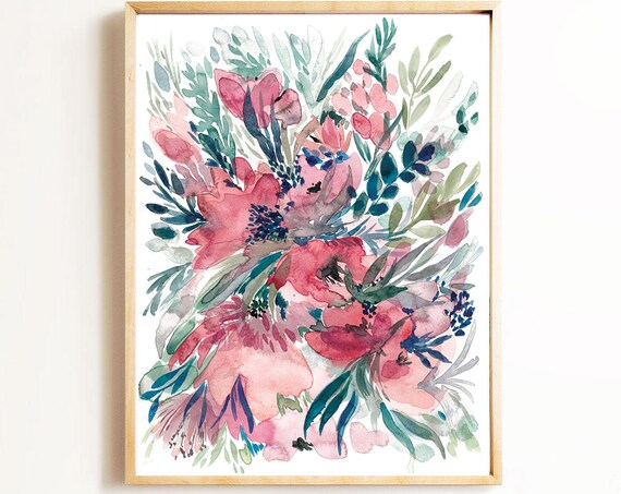 Blush Pink Poppy Watercolor Floral Bouquet Botanical Art Poster