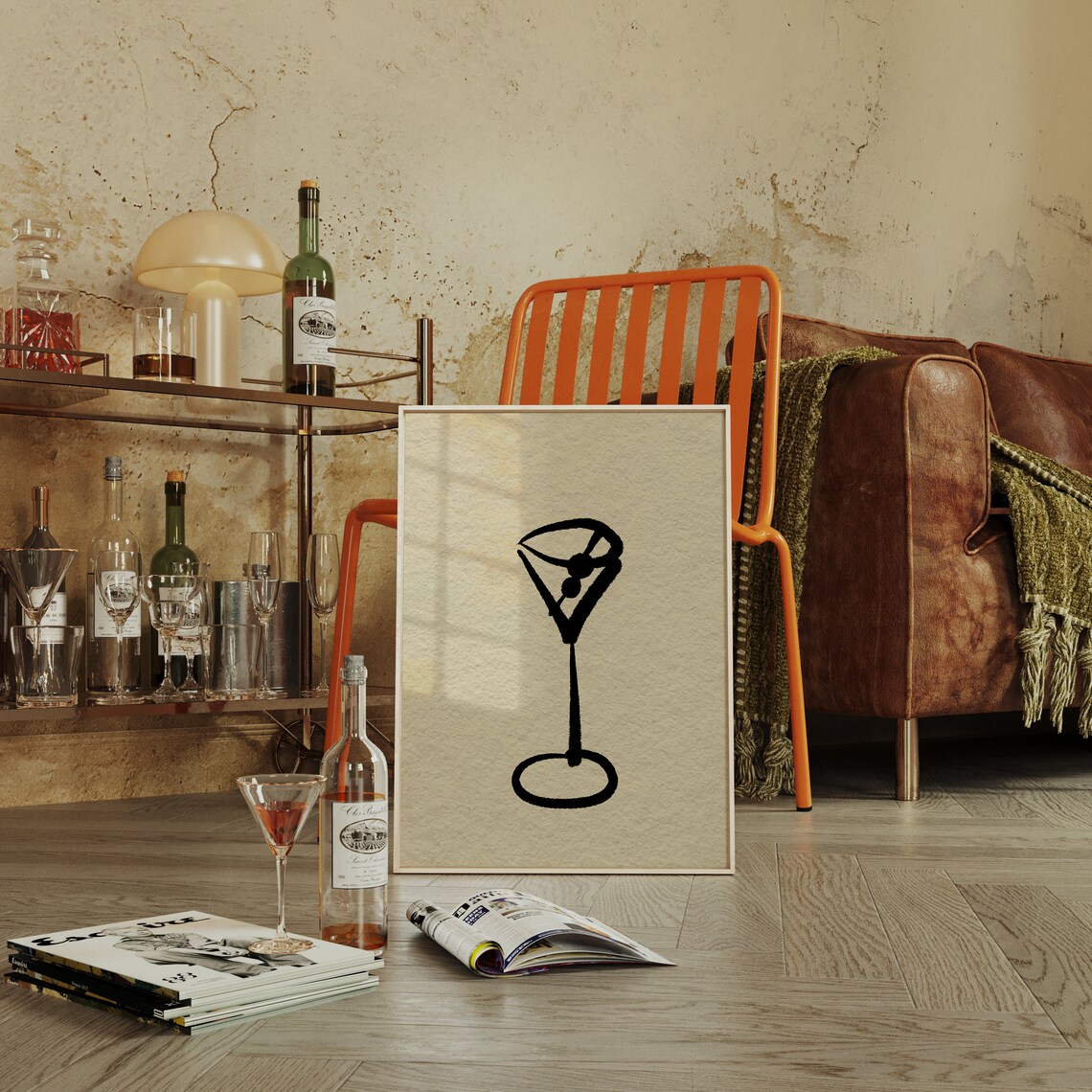 Hand Drawn Martini Glass Minimalist Cocktail Bar Cart Wall Art - Image 2