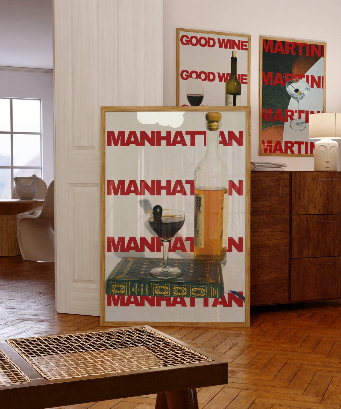 Manhattan Cocktail Retro Whiskey Glass Home Bar Decor Poster