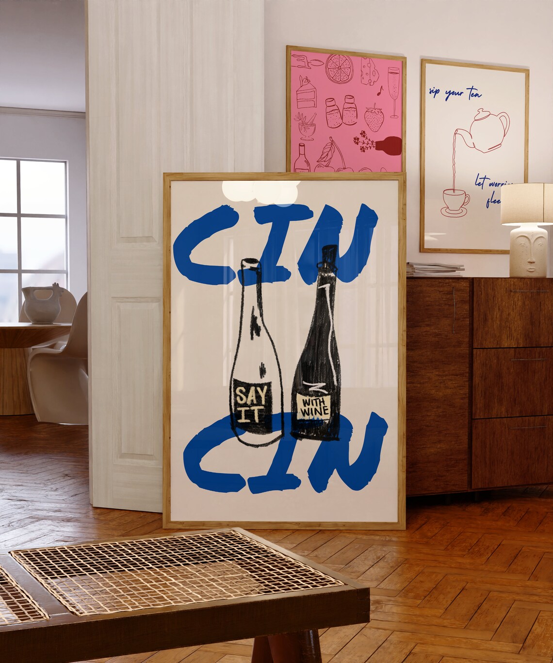 Cin Cin Vintage Wine Poster, Bar Cart Decor